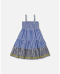 Deux par Deux Big Girls Smocked Seersucker Peasant Dress Blue And White Striped