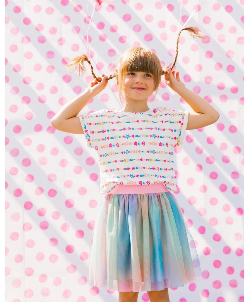 Deux par Big Girls Bi-Material Dress With Mesh Skirt Multicolored Tie Dye And White