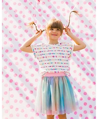 Deux par Big Girls Bi-Material Dress With Mesh Skirt Multicolored Tie Dye And White