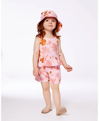 Deux par Toddler Girls Printed Tank Top And Short Muslin Set With Frills Pink Coral Flowers - Toddler|Child