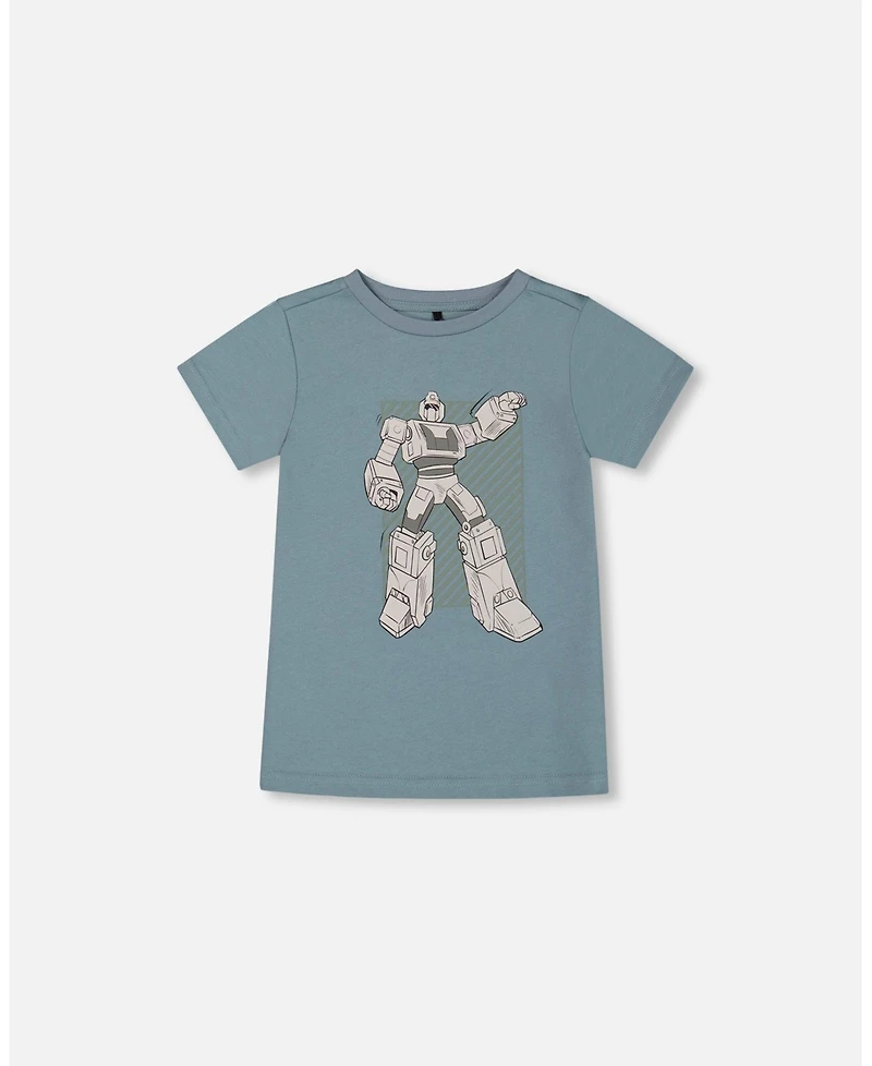 Deux par Big Boys Organic Cotton Graphic Tee Grayish Teal And Robot