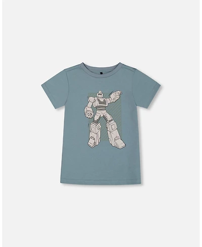 Deux par Big Boys Organic Cotton Graphic Tee Grayish Teal And Robot