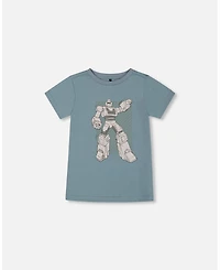 Deux par Big Boys Organic Cotton Graphic Tee Grayish Teal And Robot