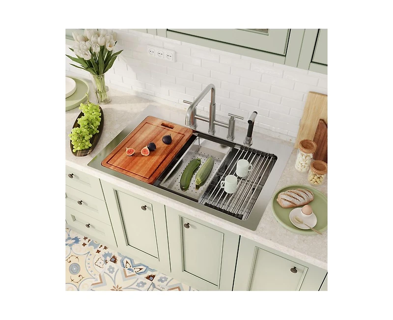 Casainc 33" L x 22" W Single Bowl Stainless Steel Drop-in Workstation Kitchen Sink with Accessories