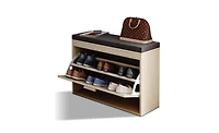 Flip-Drawer Shoe Storage Bench – Rattan Front Cabinet with Cushioned Seat for Entryway or Hallway
