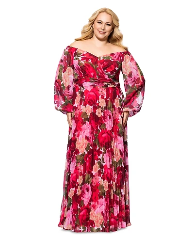 Xscape Plus Size Floral Off-The-Shoulder Pleated Gown