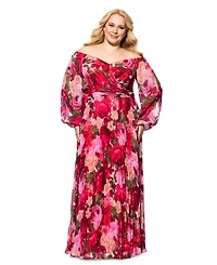 Xscape Plus Size Floral Off-The-Shoulder Pleated Gown