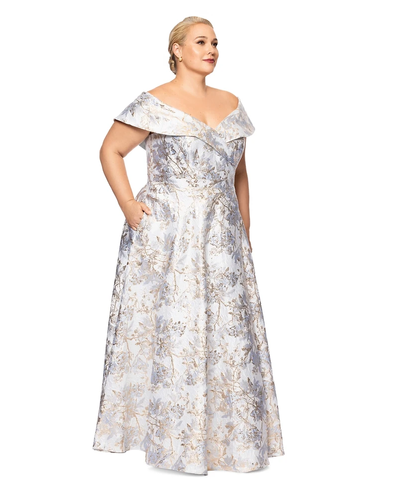 Xscape Plus Size Off-The-Shoulder Brocade Ball Gown