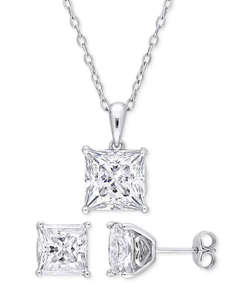 Macy's 2-Pc. Set Moissanite (9 ct. t.w.) Princess Stud Earrings & Pendant 18" Necklace in Sterling Silver