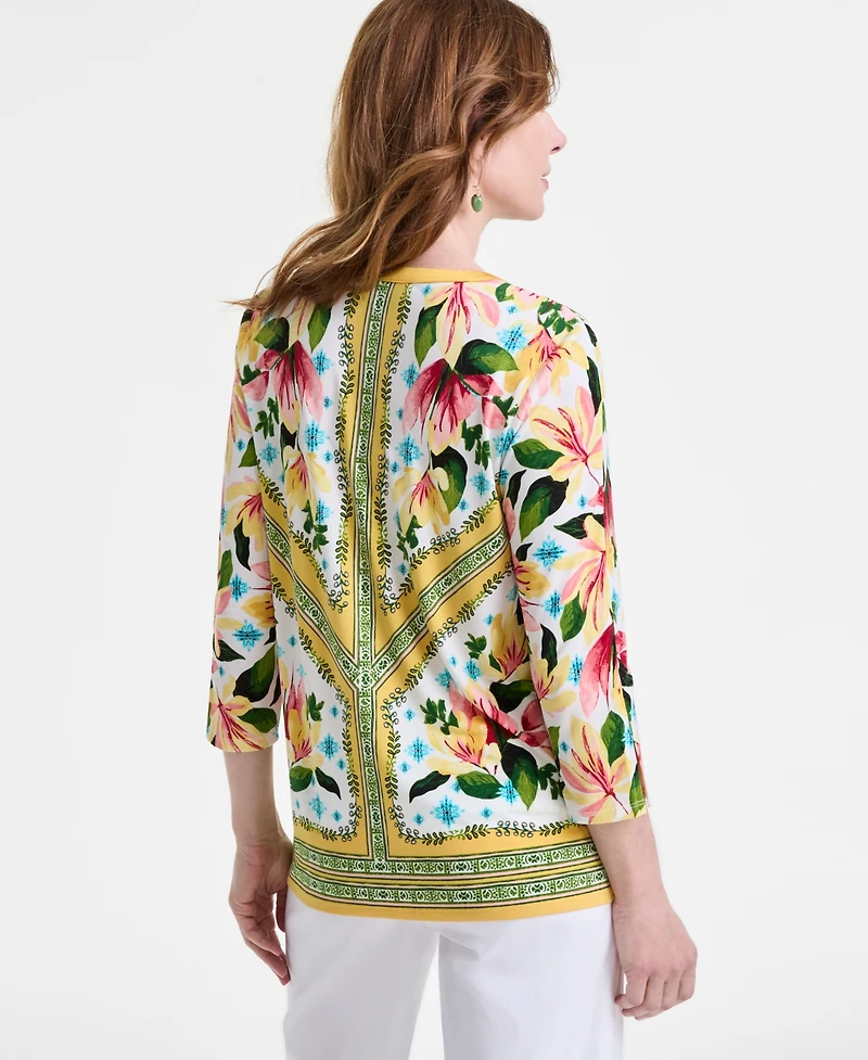 Jm Collection Women's Printed Lace-Up 3/4-Sleeve Top, Exclusively at Macy's