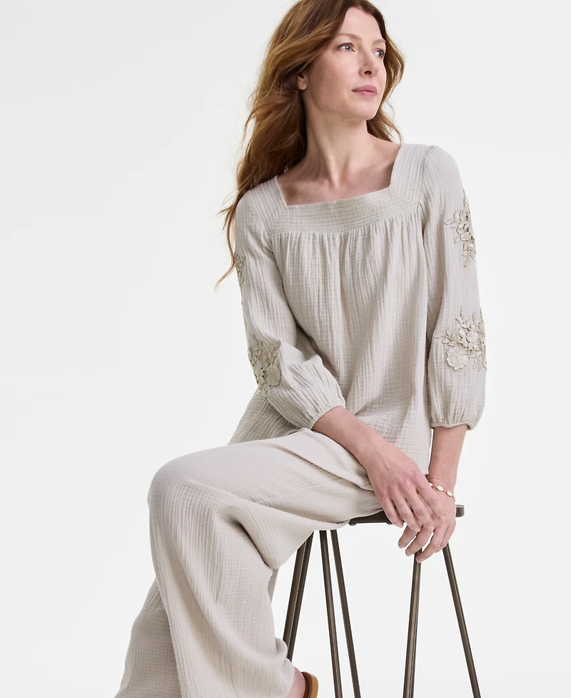 Jm Collection Women's Cotton Gauze Floral-Applique Top, Exclusively at Macy's