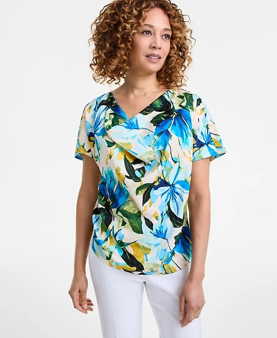 Jm Collection Women's Printed Cowl Neck Mixed-Media Top, Exclusively at Macy's