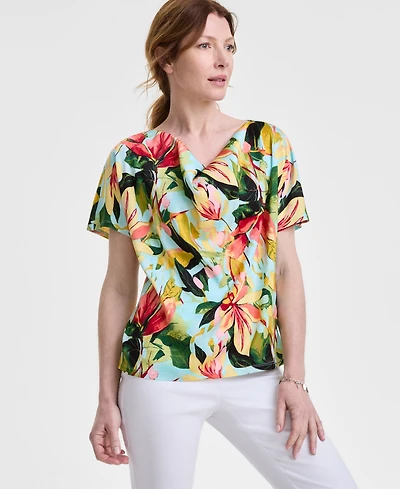 Jm Collection Women's Printed Cowl Neck Mixed-Media Top, Exclusively at Macy's