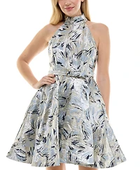 Taylor Women's Metallic Jacquard Belted Halter Dress