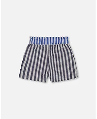 Deux par Big Girls Seersucker Short Navy Blue And White