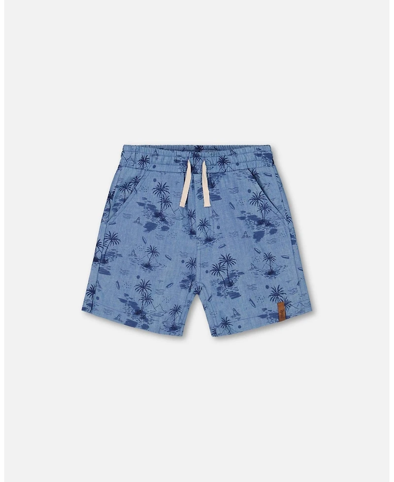 Deux par Deux Toddler Boys Printed Chambray Short Pale Blue And Navy - Toddler|Child