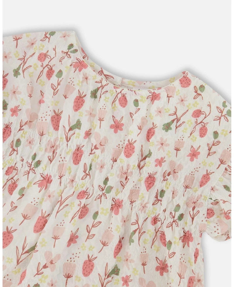 Deux par Deux Toddler Girls Printed Seersucker Blouse With Frills Pink Flowers On Cream Background - Toddler|Child