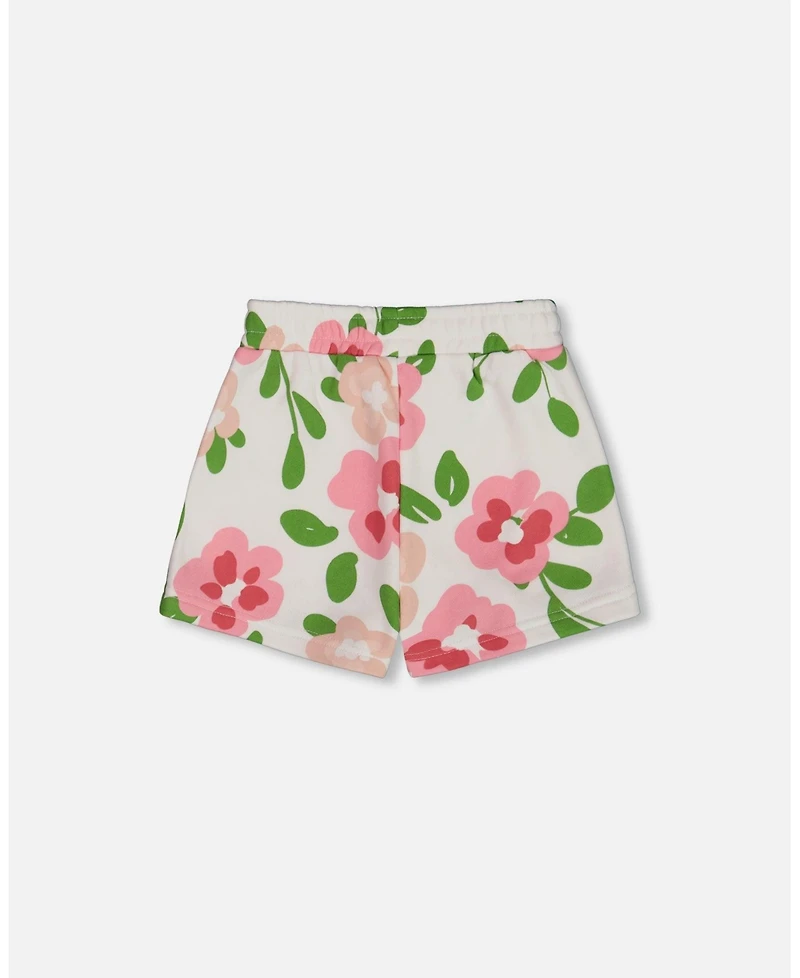Deux par Big Girls Printed French Terry Short Pink Flowers On White Background