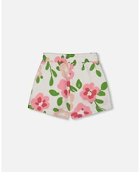 Deux par Big Girls Printed French Terry Short Pink Flowers On White Background