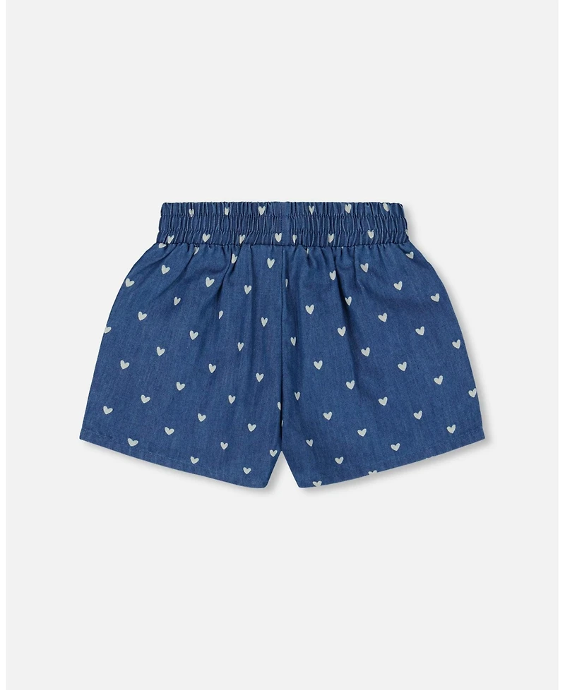Deux par Deux Toddler Girls Printed Chambray Short Navy Blue And White Hearts - Toddler|Child
