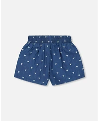 Deux par Deux Toddler Girls Printed Chambray Short Navy Blue And White Hearts - Toddler|Child