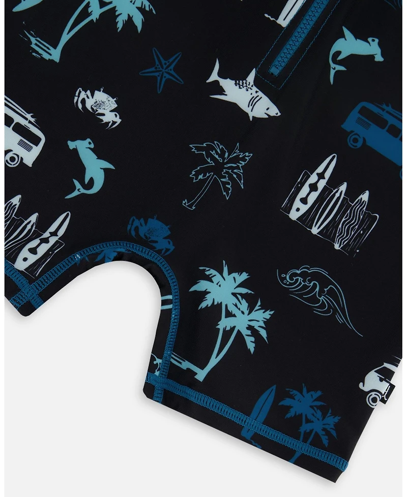 Deux par Deux Boys Printed Long Sleeve Rashguard Light Blue Beach On Black
