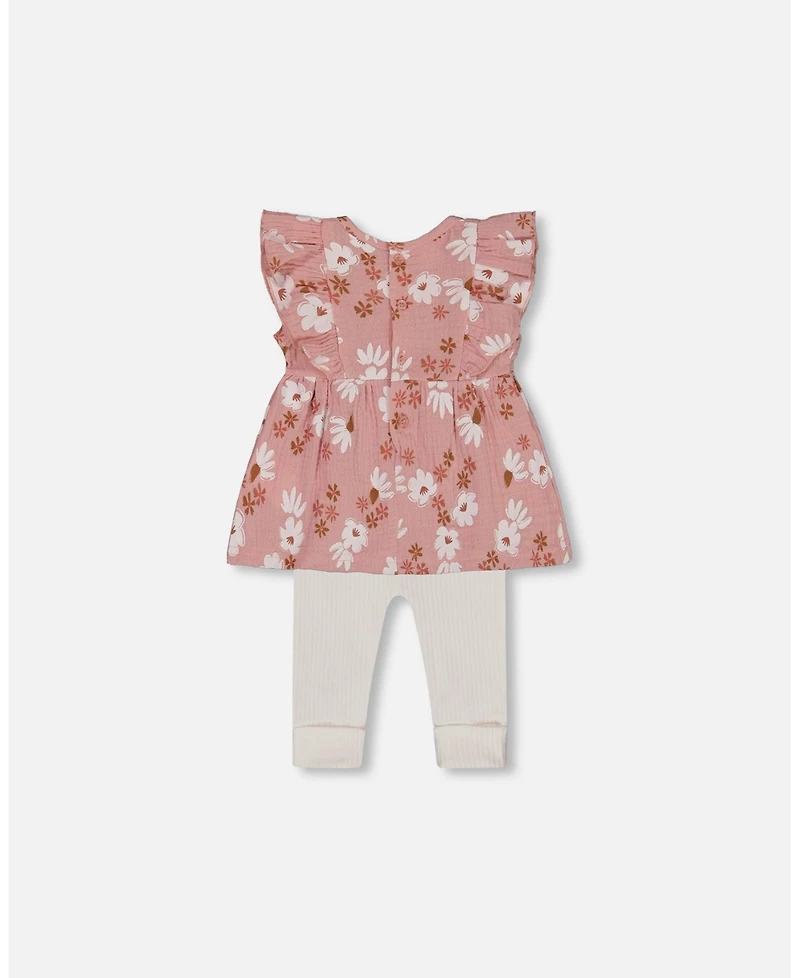 Deux par Baby Girls Printed Muslin Tunic And Rib Leggings Set Pink White Flowers
