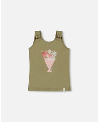 Deux par Deux Toddler Girls Crinkle Jersey Tank Top Floral Olive Green - Toddler|Child