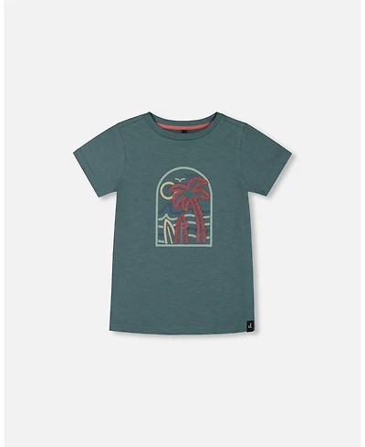 Deux par Deux Toddler Boys Short Sleeve Organic Cotton Graphic Tee Teal And Dark Old Rose - Toddler|Child