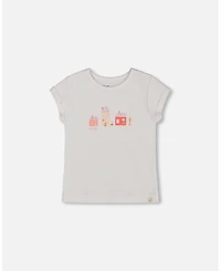 Deux par Deux Baby Girls Flat Back Rib Top With Print White And Pink House
