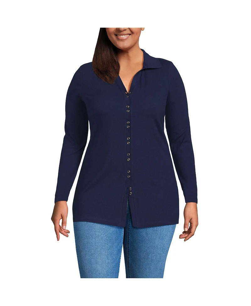 Lands' End Plus Long Sleeve Polished Rib Button Through Tunic Shirt