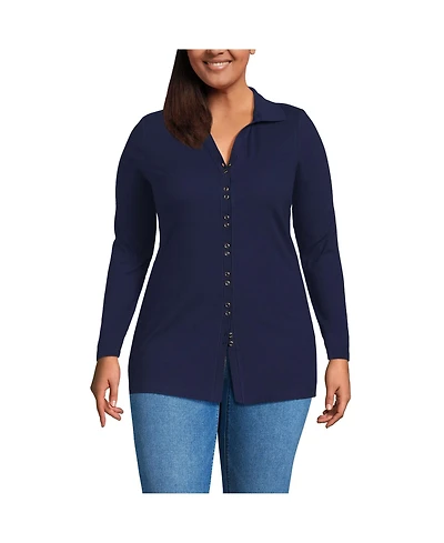 Lands' End Plus Long Sleeve Polished Rib Button Through Tunic Shirt