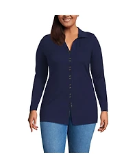 Lands' End Plus Long Sleeve Polished Rib Button Through Tunic Shirt