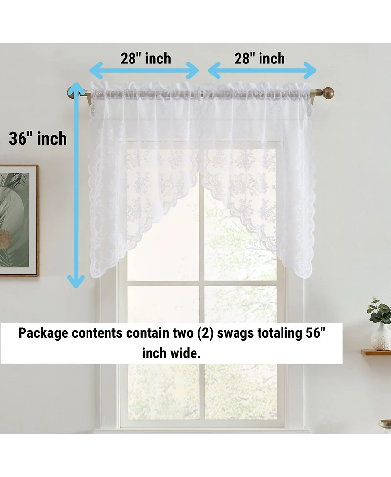 Hlc.me Jolene Floral Rod Pocket Lace Short Cafe Swags for Small Windows - 28 x 36 Inch Length (White Swags, Set of 2)