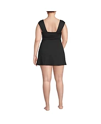 Lands' End Women's Smoothing Square Neck Ruched Swim Dress Swimsuit