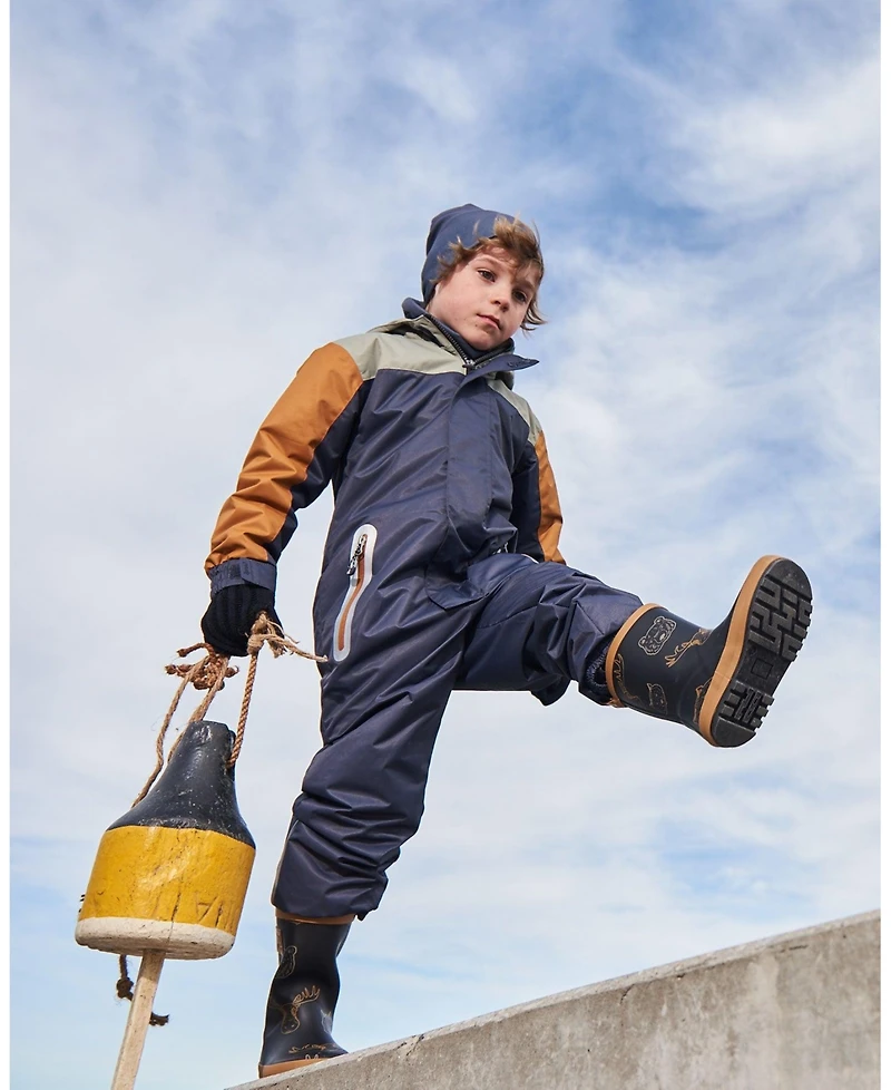 Deux par Deux Little Boys Printed Rain Boots Beige Animals On Black Background