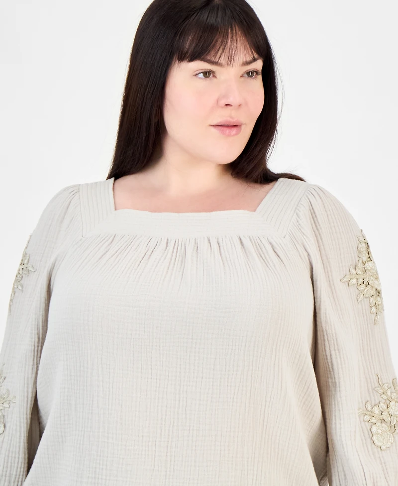 Jm Collection Plus Cotton Square-Neck Floral-Applique Top, Exclusively at Macy's