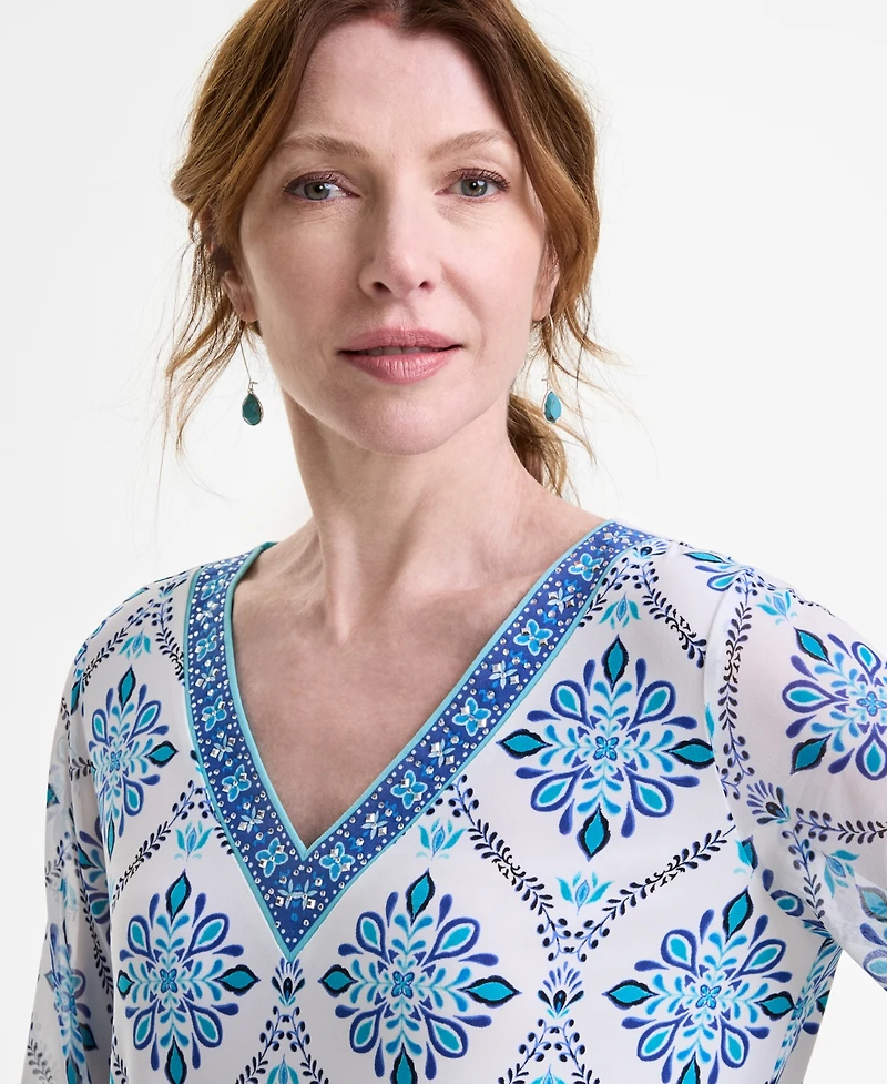 Jm Collection Women's Embellished V-Neck 3/4-Sleeve Top, Exclusively at Macy's