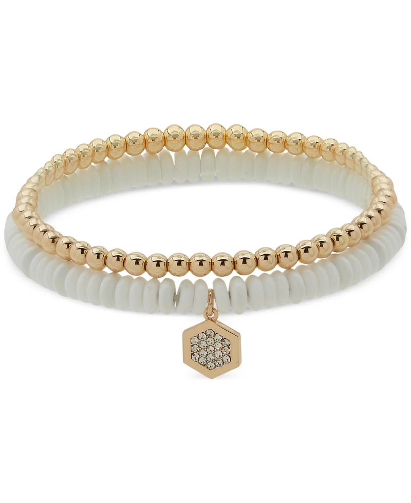 Dkny Gold-Tone 2-Pc. Set Pave Hexagon Charm Beaded Stretch Bracelets