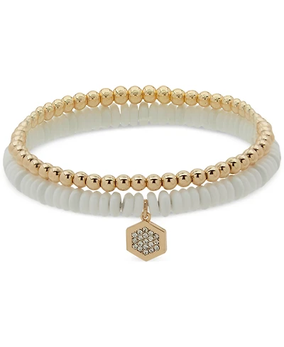 Dkny Gold-Tone 2-Pc. Set Pave Hexagon Charm Beaded Stretch Bracelets