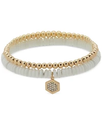 Dkny Gold-Tone 2-Pc. Set Pave Hexagon Charm Beaded Stretch Bracelets