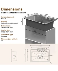 Casainc 33" L x 22" W Single Bowl Stainless Steel Drop-in Workstation Kitchen Sink with Accessories