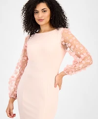 Connected Petite Sheer-Sleeve Applique Sheath Dress
