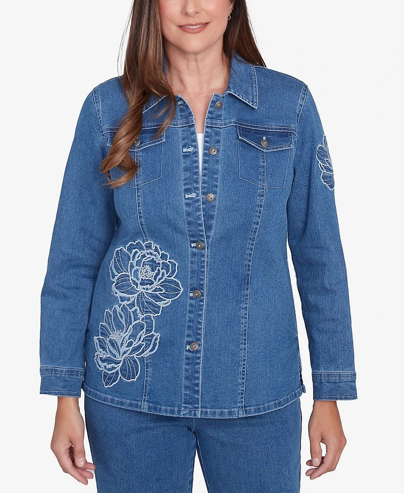 Alfred Dunner Women's Free Spirit Super Stretch Floral Denim Jacket