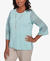 Alfred Dunner Women's Kensington Gardens Solid Lace Sleeve Knit Top with Necklace