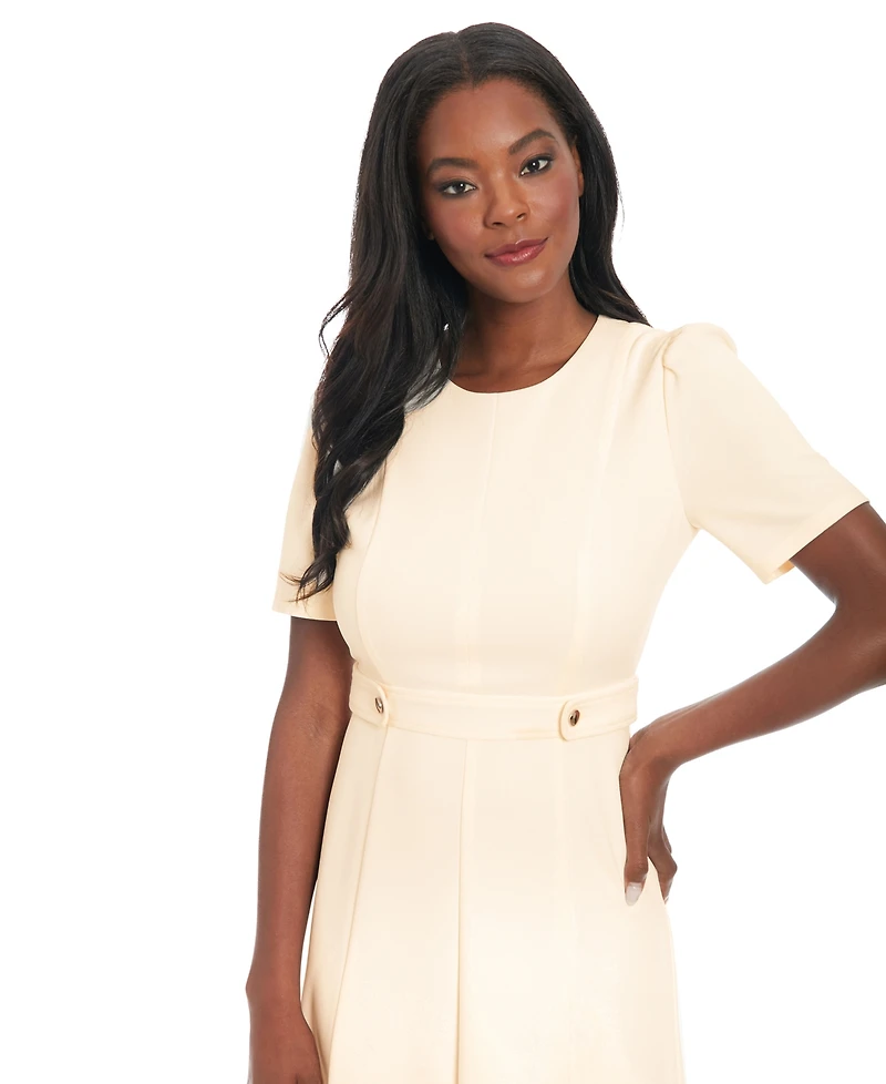 London Times Petite Crewneck Button-Tab Short-Sleeve Midi Dress