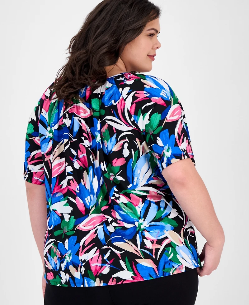 Ak Anne Klein Plus Floral-Print Short-Sleeve Top