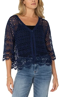 Liverpool Los Angeles Women's Crochet Lace Short-Sleeve Cotton Bolero Sweater