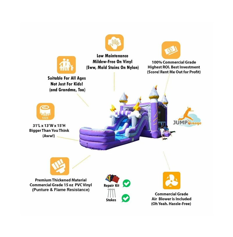 JumpOrange Thunder Commercial Grade Bounce House Water Slide with Pool for Kids and Adults (with Blower), Basketball Hoop, Wet Dry Combo, Outdoor, Big
