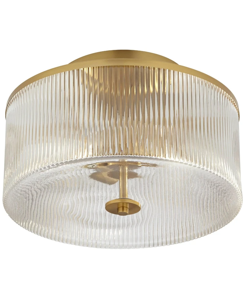McKenzie 14" Mid Century Modern 2-Light Semi Flush-Mount Ceiling Light Fixture Kitchen Foyer Hallway Drum Round Warm Brass Finish Ribbed Glass Me